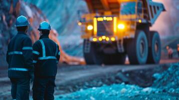Two miners in hard hats are looking at a large mining truck. photo