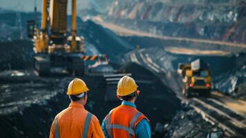 Two engineers in hard hats at a mining site photo