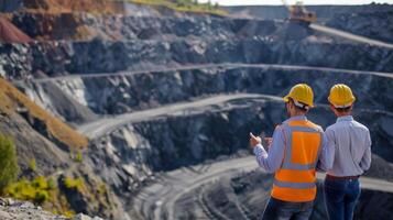 Two engineers in hard hats and safety vests examine a large open pit mine. photo
