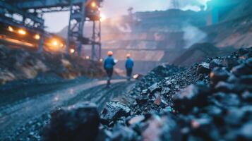 Two miners walking away from the camera in a dark coal mine. photo