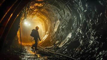 The photo shows a miner walking in a dark mine.