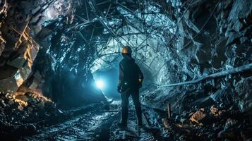 The photo shows a miner walking in a dark mine. He is wearing a hard hat and carrying a flashlight. The mine is full of rocks and debris.