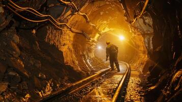 The photo shows a miner walking in a dark mine. The only light comes from his headlamp.
