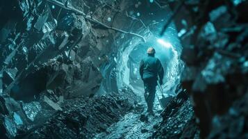 The photo shows a miner walking in a dark mine.