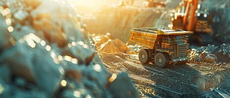 Large yellow bulldozer working in a quarry photo