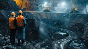 Two miners in hard hats and protective workwear inspecting a mine photo