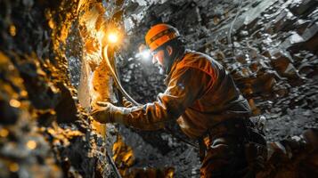 A miner wearing a hard hat and headlamp works in a mine. photo