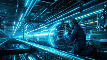 Futuristic sci-fi tunnel with blue glowing lights photo