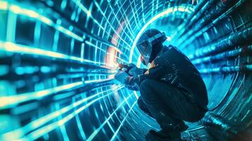The welder is welding the pipeline with sparks photo