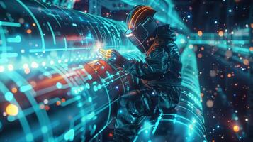 Astronaut in futuristic spacesuit exploring an alien planet. photo