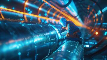 The image is a 3D rendering of a futuristic tunnel with blue glowing pipes and a robot working on them photo