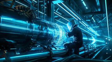 The photo shows a man working on a futuristic engine.