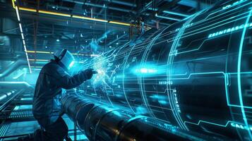 The photo shows a man welding a pipe in a factory