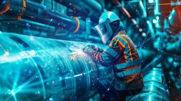 A welder works on a large metal pipe in a shipyard. photo