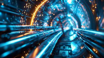 Abstract image of a glowing blue tunnel with a bright light at the end. photo