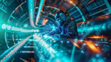 Astronaut in spacesuit exploring inside of futuristic spaceship. photo