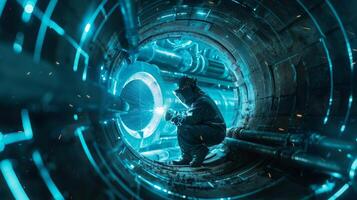 Astronaut working on spaceship engine in a sci-fi tunnel photo