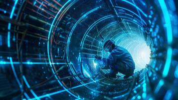 The photo shows a man welding a pipe in a tunnel.