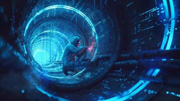 Astronaut floating through a wormhole in space. photo