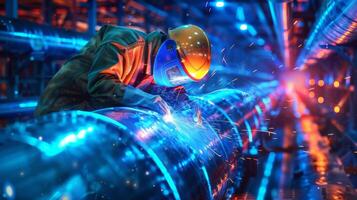 Astronaut in spacesuit exploring inside of futuristic spaceship. photo