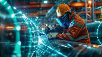 Welder in protective mask welding a metal pipe with sparks photo