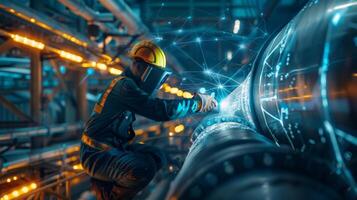 The photo shows a worker in protective gear welding a pipe in an industrial setting.