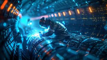 A man in a spacesuit is welding a pipe in a spaceship. photo