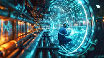 Futuristic worker repairs a spaceship engine using advanced technology. photo