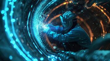 Astronaut working on spaceship engine repair in the outer space. photo