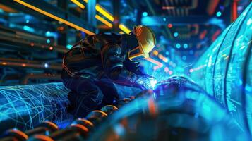 welder at work welding a metal pipe in a factory photo