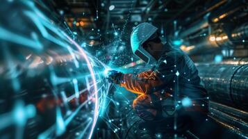 Astronaut in futuristic spacesuit exploring an alien planet photo