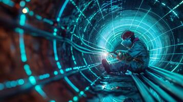 The photo shows a worker welding in a tunnel.