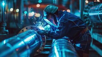welder in protective clothing and mask welds metal pipe with sparks photo