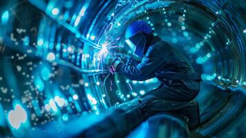 Welding. Blue sparks from welding in a dark space. photo