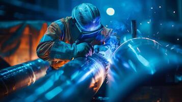 welder in protective clothing and helmet is welding a metal pipe with sparks photo