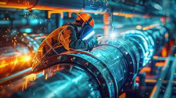 welder in protective mask and orange protective clothing welds a large metal pipe photo