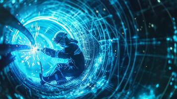 Astronaut floating in zero gravity in a futuristic spaceship corridor. photo