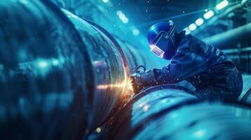 The welder is welding the pipeline with sparks photo