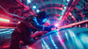 Industrial welder at work in protective clothing and mask. photo