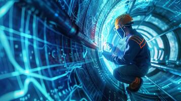 technician in protective workwear examines futuristic engine of spaceship photo