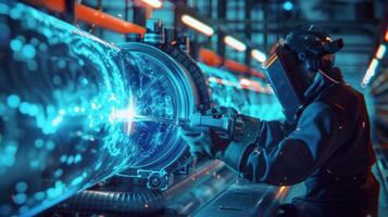 A welder works on a large metal pipe in a factory. photo
