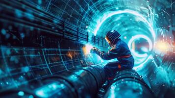 The photo shows a man working in a futuristic environment. He is wearing a protective suit and is welding a pipe. The background is a blur of blue and white lights.