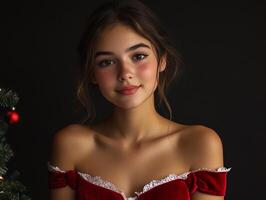 Beautiful young woman in red dress posing for the camera photo