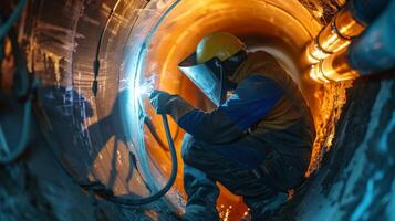 welder at work in protective clothing and helmet photo
