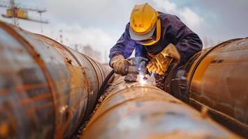 The welder is welding the pipeline with sparks photo