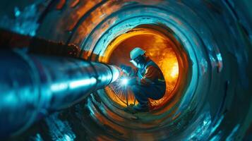 The welder is welding the pipe in the tunnel photo