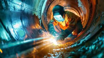 welder at work welding metal pipe with bright sparks photo