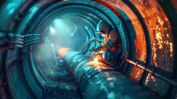 The welder is welding the metal pipe in the tunnel. photo