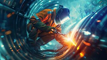 welder at work welding metal pipe with sparks photo