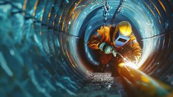 The welder is welding a pipe in the factory. photo